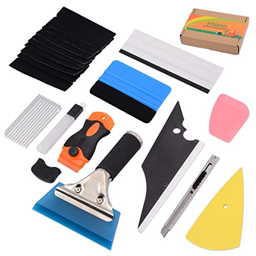 FOSHIO Vinilo Auto Wrap Kit 10 en 1 incluye goma de raspado azul feltro enjugador y fieltro raspador de afeitar de plástico, utilidad cuchillo y cuchillas, amarillo enjugador y Conquer Squeegee