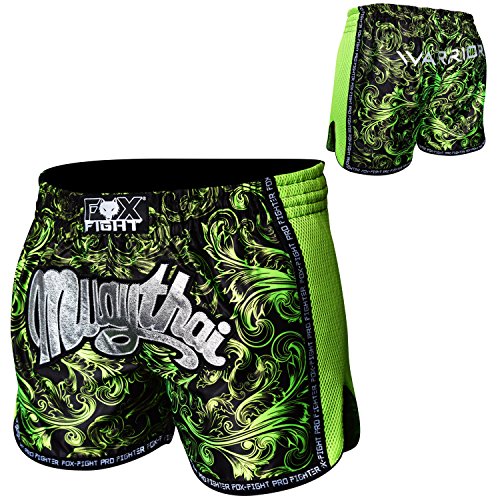 FOX-FIGHT Pantalones cortos Thai Warrior Fight para Muay Thai, Kickboxing, UFC, MMA, XL, color negro y verde