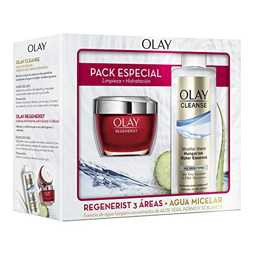 Olay Pack Crema Hidratante Regenerist 3 áreas Día + Cleanse Agua Micelar Esencia de Agua Húngara Con Extractos de Aloe Vera y Pepino