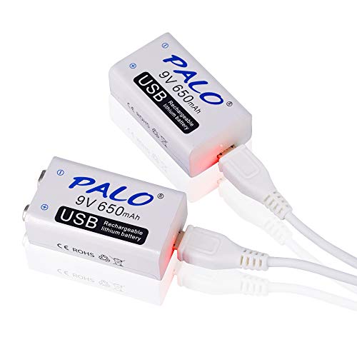 PALO 2 Pack 9V Batería recargable USB 650mAh Li-ion con 2 en 1 Cable USB para alarma de humo de micrófono de teclado