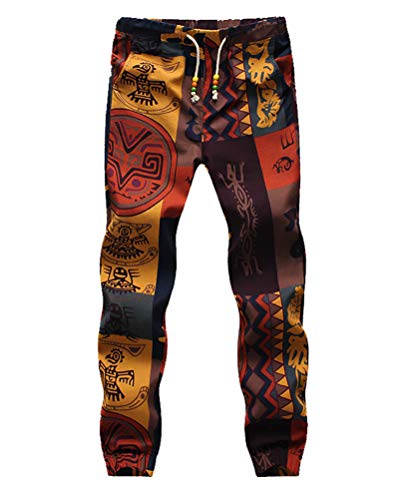 Pantalon Lino Hombre Fashion Flores Estampado Vintage Etnicas Estilo Casuales con Cordón Pantalones Hippies Slim Fit