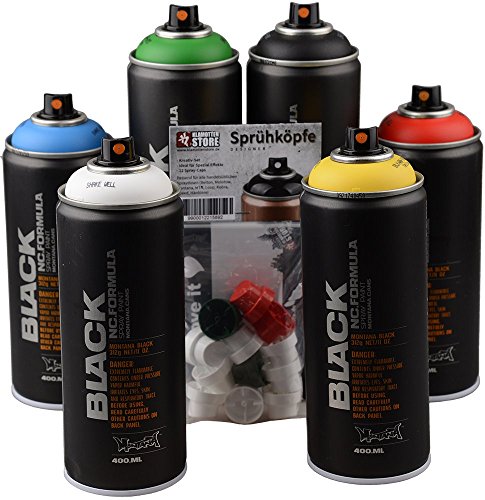 Sprays de pintura, Set Montana Black, Colores Primarios, Incluye Blanco y Negro, 6 x 400 ml + Cabezales de recambio para pulverizador
