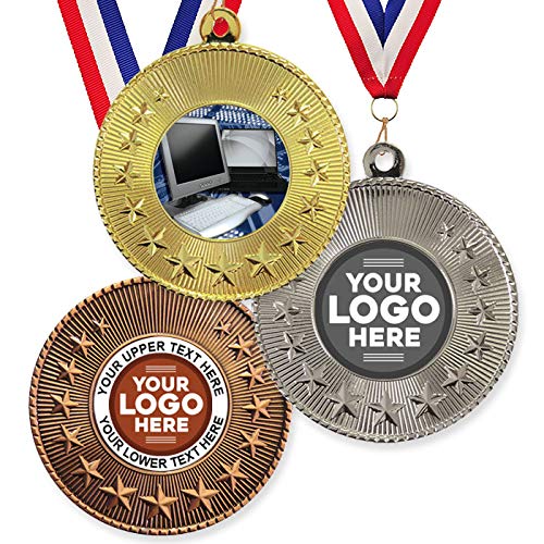 Trophy Monster Paquete de 10 medallas y cintas de metal de 50 mm, diseño de estrella de TI para ordenador, emblema estándar o tu logotipo, personalizable, paquete a granel, cantidad de 50,100,250 500