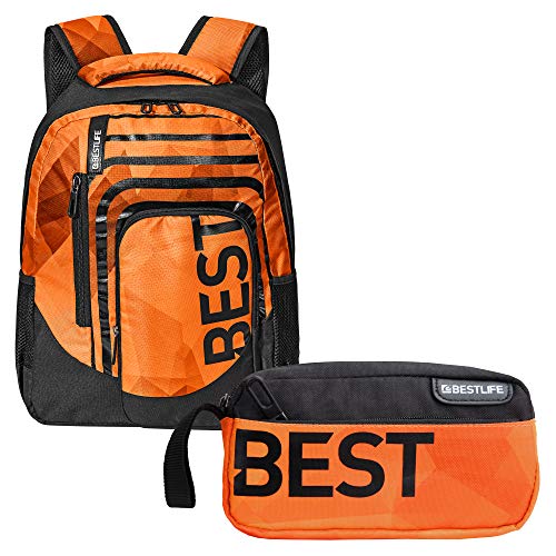 BESTLIFE Mochila y estuche en un set „BREVIS“ mochila escolar, para el tiempo libre con compartimento para el portátil hasta 15,6 pulgadas (39,6 cm), naranja