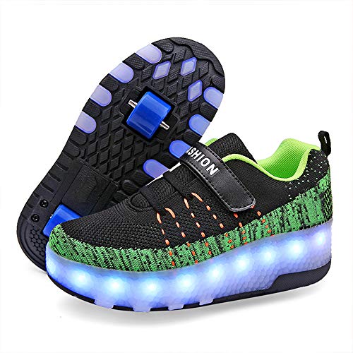 CBA BING Zapatos de skateboarding iluminados,Zapatos de patinaje LED con ruedas dobles en línea,Zapatos unisex para niños, color Verde, talla 38 EU