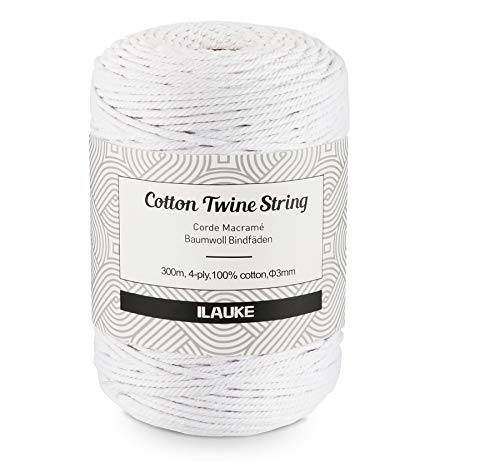 Cuerda de algodón blanco de 300 m de macramé de 4 capas de 3 mm natural de algodón para tejer atrapasueños, tapiz de pared, regalo decorativo de bricolaje, de embalaje, DIY