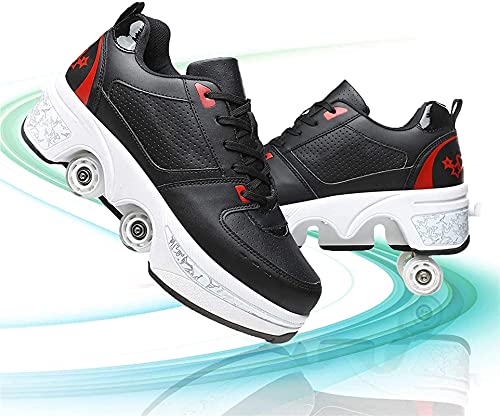 Eortzzpc Patines Deformación Roller Patines Automático Zapatos de Caminata Doble Fila Ruedas Invisibles 2 en 1 Polea removible Patines Patinaje para niños Adultos (Color : Black Red, Size : 41)