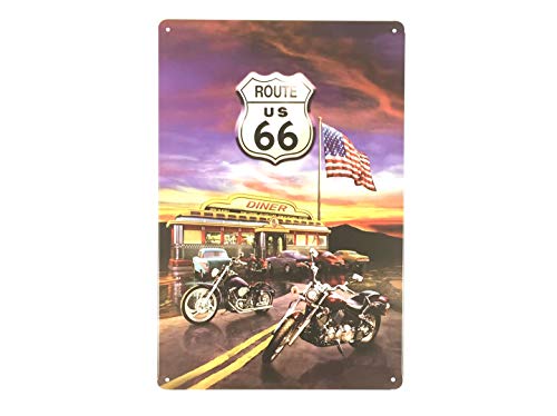 Feenomenn - Placa de metal decorativa vintage – American Diner Parking – Moto Harley Route 66 (20 x 30 cm)