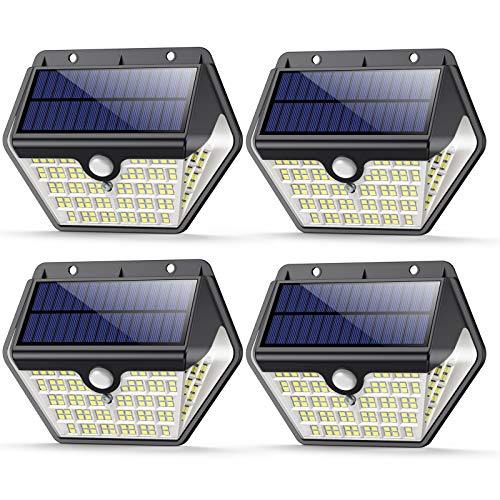Luz Solar Exterior 150 LED, VOOE Luces Solares Exterior con Sensor de Movimiento, 270º lluminación Focos Solares Exterior IP65 Impermeable Lampara Solar para Exterior Jardin (3 Modos / 4 Paquete)