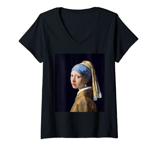 Mujer Chica con un pendiente de perlas de Johannes Vermeer Camiseta Cuello V