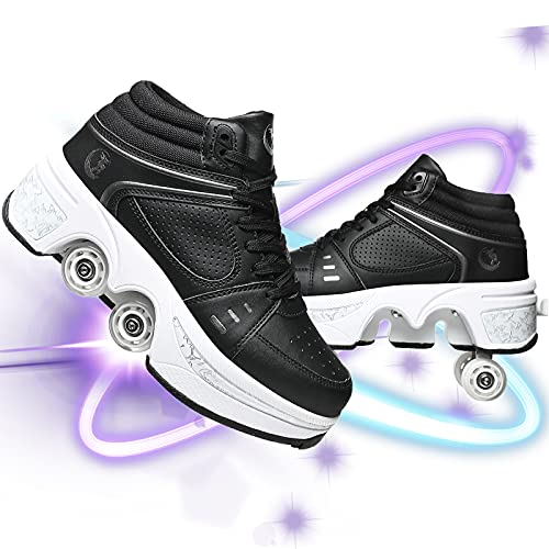 Patines En Paralelo 4 Ruedas Doble Fila Patines De PU Cuero Adulto Patines Zapatillas De Patinaje con 4 Negro Rueda Chico Chica Apto para Principiantes,41