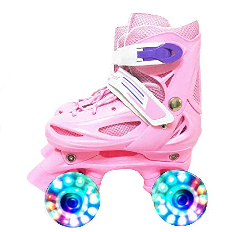 ZCRFY Patines de ruedas para niños y niñas, dos líneas, doble fila, 4 ruedas, ajustables, patines en línea para niños principiantes, zapatos de patinaje flash, 2 – 12 años, rosa-S