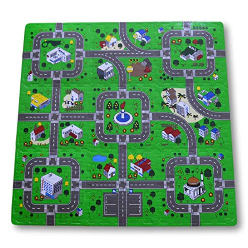 Alfombra puzzle de goma EVA para niños. Diseño de circuito de tráfico. 1 cm. de espesor. 9 piezas intercambiables. Modelo 2