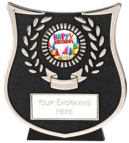 Emblems-Gifts - Placa de Plata con Texto en inglés Happy Birthday, Trofeo con Grabado Gratuito, 11 cm