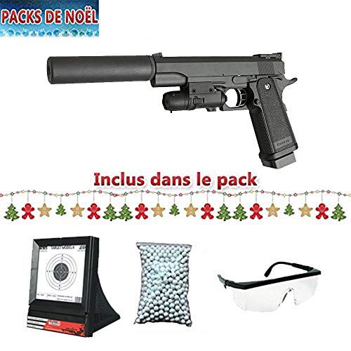 Galaxy Pack Airsoft G6A Tipo Colt M1911 con láser silencioso Full Metal Spring/Spring / Rechargeing Manual Bisel, Cuentas y Objetivos Thread Gifts (0.5 Joule)