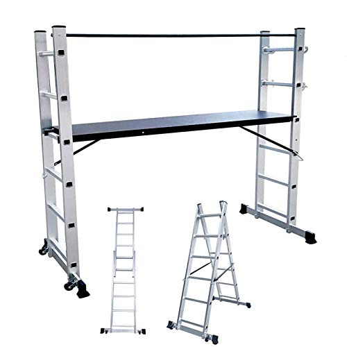 HENGMEI Andamio de aluminio, escalera de trabajo, plataforma de trabajo, andamio, escalera, soporta hasta 150 kg, color plateado