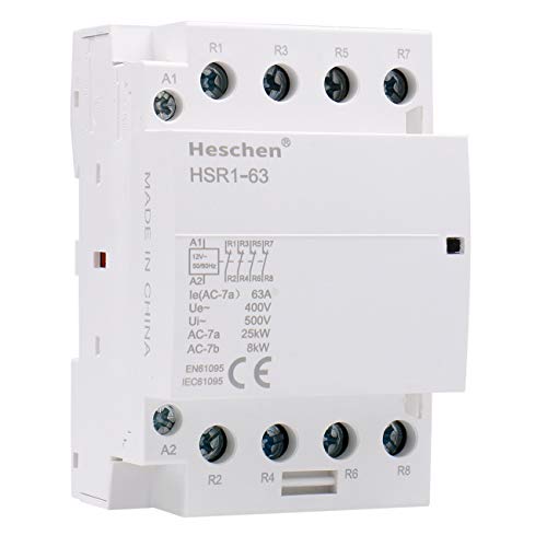 Heschen Contactor de CA doméstico HSR1-63 Ie 63A 4 polos Cuatro normalmente cerrados 12V Voltaje de bobina 35 mm Montaje en carril DIN