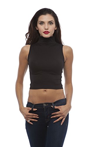 Hollywood Star Fashion Women's Sleeveless High Neck Plain Solid Crop Top (OneSize, Black)