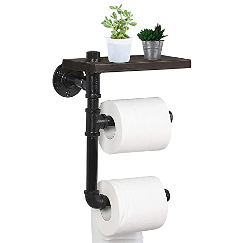 Industrial Style Toilet Paper Holder with Storage Shelf, Wall Mounted Rolls Holder Dispenser for 2PCS Toilet Tissue or Tower, Double Decker Tissue Roll Metal Pipe Hanger with Rustic Wood Shelf (black)