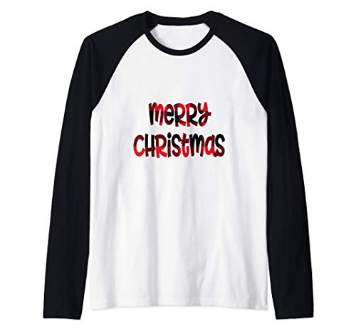 Merry Christmas Cute Red Buffalo Plaid Happy Holidays Camiseta Manga Raglan