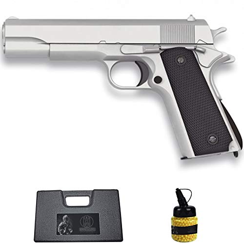 Pistola GE 1911 3003 Plata (6MM) | Arma Corta (Bolas de plástico) Tipo Colt 1911 Color Plateada + maletín PVC + biberón
