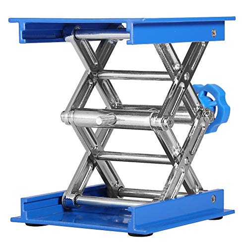 Plataforma elevadora de laboratorio, 100 x 100 mm, azul, de aluminio, resistente, soporte de laboratorio, soporte de elevación, plataforma ajustable, altura 45 – 158 mm, elevación de tijera