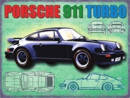 Porsche 911 Turbo en Negro. Motor Trasero Alemania Clásico Desde 60'sA Regalo AÑOS 80 versión con Draft Drawings. VAG Grupo para Gasolina Cabeza, Taller, Hogar o Pub Metal/Cartel para Pared de Acero