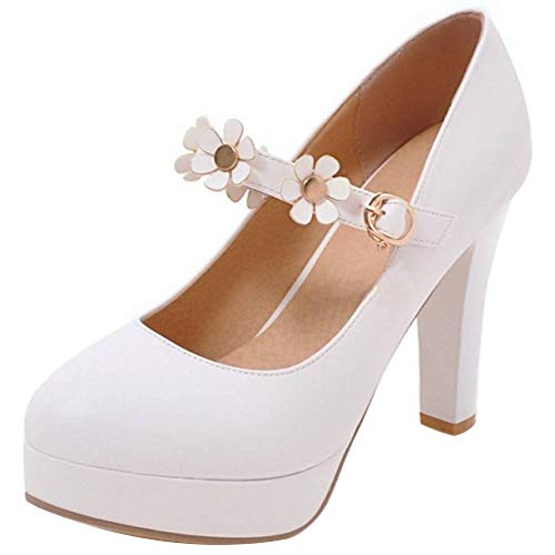 RAZAMAZA Mujer Tacón Ancho Bombas Zapatos Plataforma Flores White Size 39 Asian