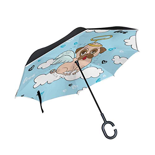 XiangHeFu Doble Capa Invertida Umbrellas Funny Cartoon Angel Pug Perro Plegable a Prueba de Viento Protección UV Gran Recta para el Coche con Mango en Forma de C