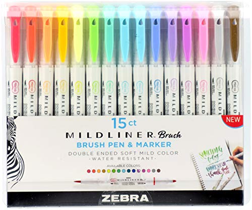 Zebra Mildliner Double Ended Brush Pen & Marker 15/Pkg-Assorted Colors