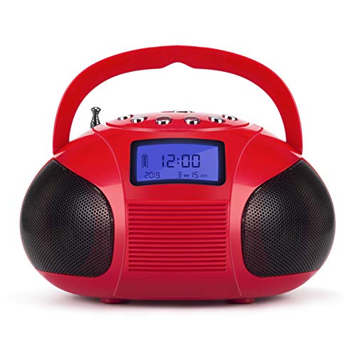 August SE20 Radio FM Portátil Boombox Altavoces Bluetooth 2 x 3W - Lector de SD/USB AUX In, Mini Radio FM Alarma Despertador - Batería Recargable