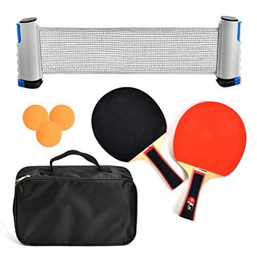 DODUOS Juego de Tenis De Mesa Portátil Raqueta de Tenis Ping Pong Paddle Profesional con 2 Raquetas + 3 Pelotas de Tenis de Mesa + 1 Red Retráctil + 1 Bolsa de Almacenamiento