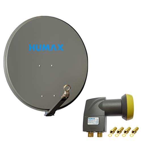 Humax - Juego de 4 receptores de satélite (aluminio, 75 cm, espejo/cuenco, LNB Quad Humax para 4 receptores/TV [DVB-S2, 4K, 3D]