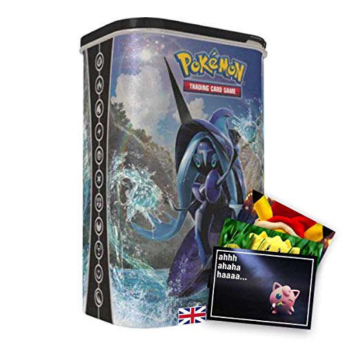 Lively Moments Cartas Pokémon en caja Tin-Box Deck-Protector Tapu Fini EN, cartas coleccionables / caja de metal y tarjeta de felicitación gratis
