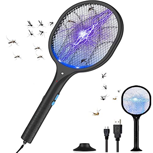 QUARED Raqueta Mosquitos Eléctrico, Raqueta Matamoscas Ayuda a Deshacerse Mosquitos/Moscas, Lámpara de Trampa de Mosquitos UV y Iluminación LED, 5 Capas Seguridad de Protección, USB Recargable