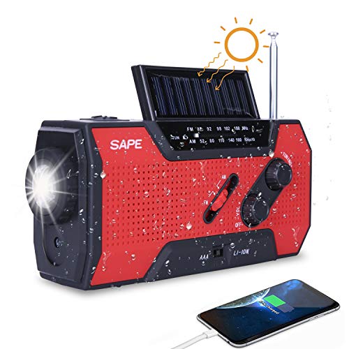 Radio solar, con manivela AM/FM, recargable, dinamo, resistente al agua, lámpara LED, dinamo, batería externa para senderismo, camping, exteriores, emergencias (rojo cereza)