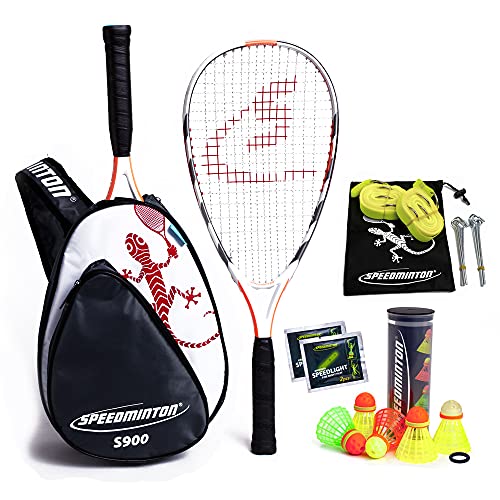 Speedminton S900 Set-Velocidad Original Badminton/crossminton Profesional con 2 Raquetas de Carbono Incl. 5 Speeder, Campo de Juego, Bolsa, Unisex-Adult, Red/White/Grey