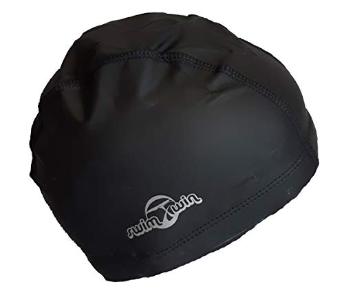 SWIMXWIN Dutex - Gorro de natación con doble tejido impermeable para piscina, mar y aguas libres, para cabello seco y protección contra el frío (negro)