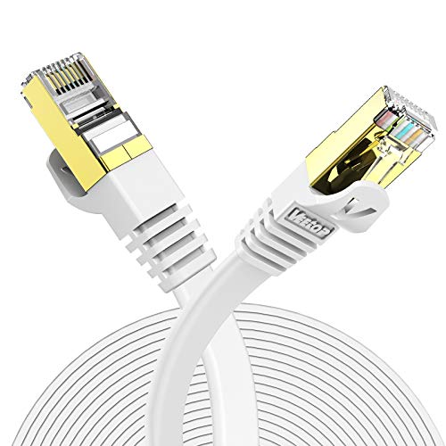 Veetop Cable Ethernet 20 Metros Cat 7 LAN de Red con Conectores Rj45 Oro Plano, Velocidad 10 Go/s Blanco