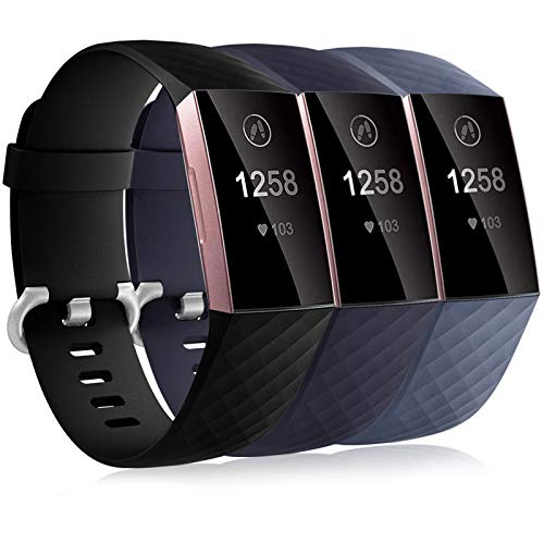 Dirrelo 3 Pack Compatible con Fitbit Charge 3/Fitbit Charge 4/Charge 3 SE Correa para Mujeres Hombres, Pulsera Deportiva de Repuesto Ajustable de Silicona Suave para, Nero+BLU+BLU Grigio S