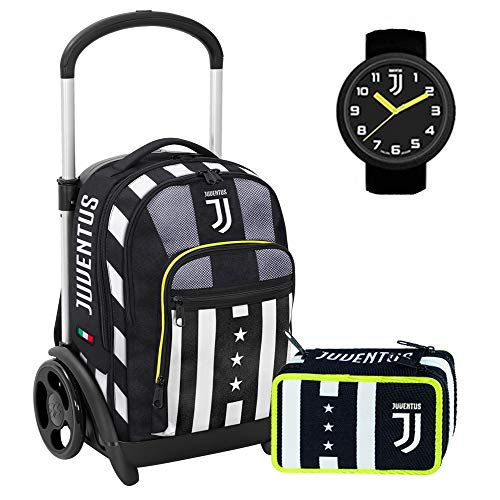 F.C. Juventus Schoolpack - Trolley desmontable Tyre Seven – Winner Forever + Estuche de 3 cremalleras con reloj oficial Juventus de regalo