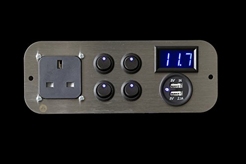 Lek Tek - Voltímetro/cargador USB para autocaravana, barco, remolque para caballo, 4 interruptores basculantes led azules de 12 V, 16 A, efecto de fibra de carbono