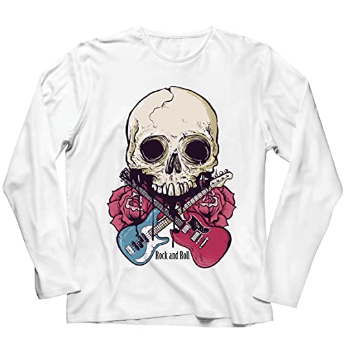 lepni.me Camiseta de Manga Larga para Hombre Guitarras, Calavera, Rosas - Amantes del Concierto de Rock & Roll (XL Blanco Multicolor)