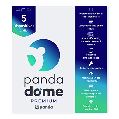 Panda Dome Premium 2021 – Software Antivirus | 5 Dispositivos | 1 año | VPN Premium | Soporte Técnico 24/7 | Antiransomware | Gestor de Contraseñas | Protección Wifi y Antirrobo | Control Parental