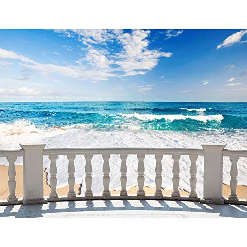 Papel tapiz fotográfico Playa terraza del mar 352 x 250 cm Lana Fondo De Pantalla XXL Moderna Decoración De Pared Sala Cuarto Oficina Salón azul beige 9028011a