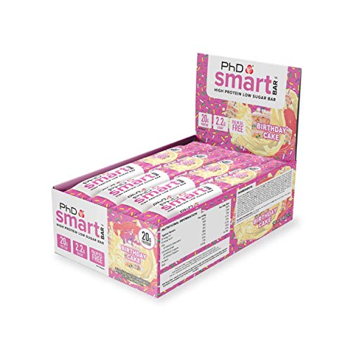 PhD Smart Bars, Pack de Barritas Altas en Proteínas Bajas en Carbohidratos con Delicioso Sabor Pastel de Cumpleaños (Caja de 12 x 64g)