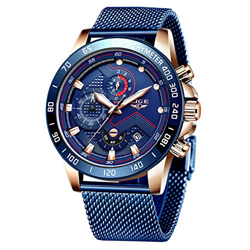Relojes para Hombres,LIGE Acero Inoxidable Impermeable Reloj Analógico de Cuarzo Cronógrafo Banda de Malla Milanesa Esfera Azul Fecha Moda Casual Relojes de Pulsera Azul…