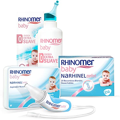 Rhinomer Baby Pack Spray Nasal 100% Agua de Mar de Origen Natural, Fuerza Extra Suave para Bebés, Aspirador Nasal y Recambios Blandos Desechables con Filtro Absorbente, 20 unidades