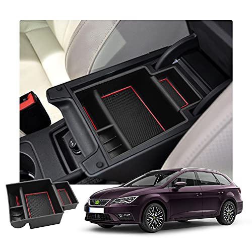 RUIYA Caja de almacenamiento para reposabrazos de Seat Leon Cupra 5F MK3, organizador para consola central del coche, accesorios para Leon Cupra, color rojo