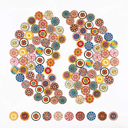 AIEX 100 piezas Mixto Botón Aleatorio Pintura de Flores Formas Redondas Madera Botones Retro Colores Variados para Coser Manualidades DIY - 25mm